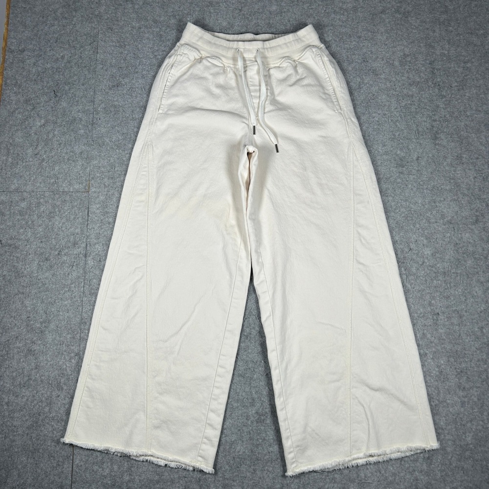 Aerie denim pants Women XS Ivory Raw Hem Wide Leg Crop Drawstring Comfy Casual
